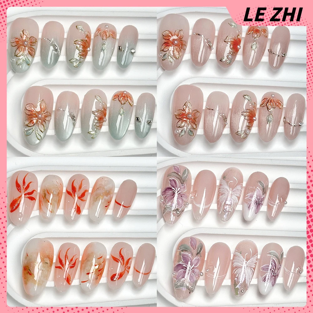 

Kawaii Flowers Cat Eyes Handmade Almond Reusable Nail Party Stickers Hand Painted Butterfly Pearl French Gradients Press On Nail