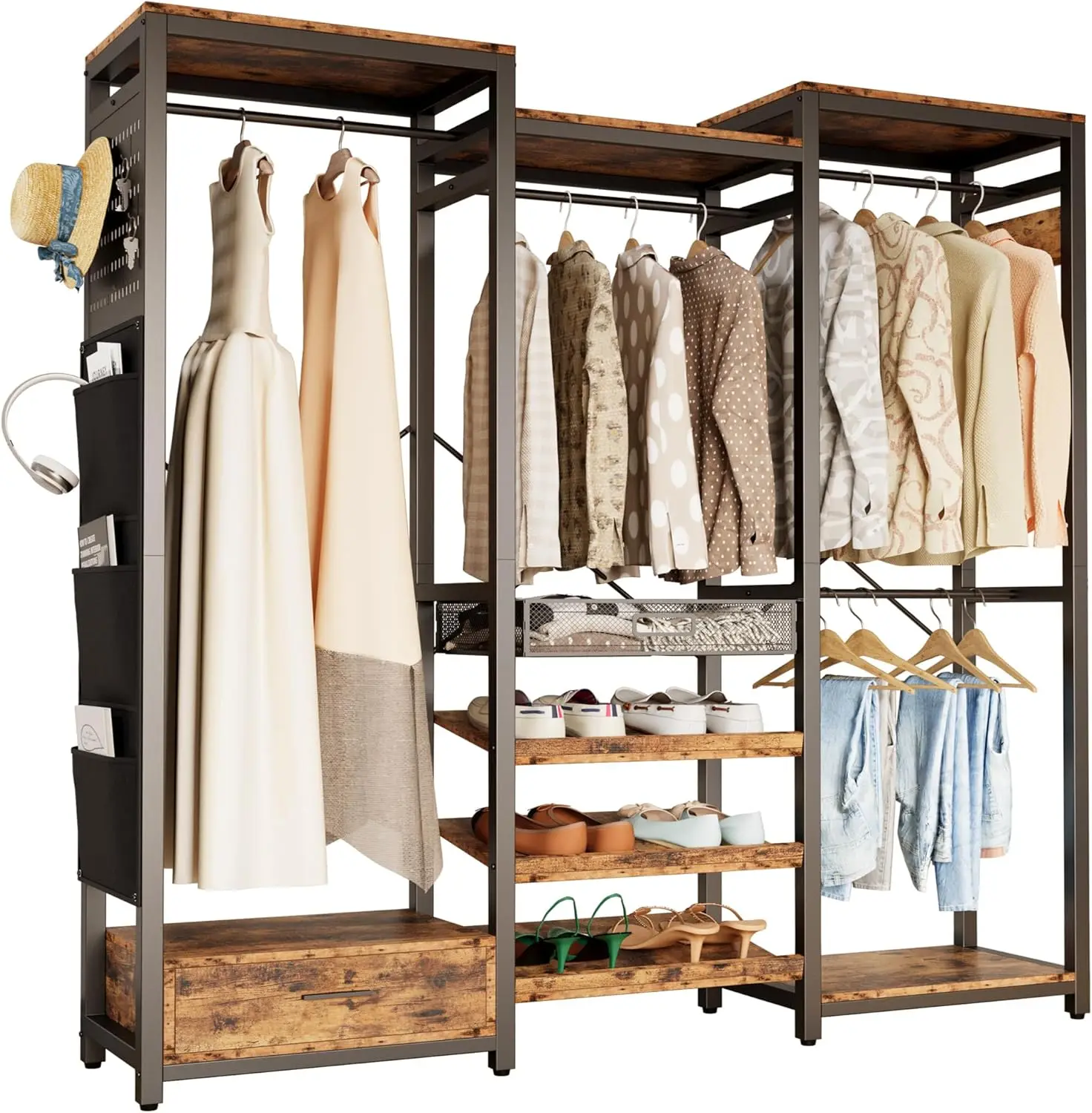 Rack with 3 tier Shelves for Shoes & 2 Drawers, Heavy Duty Garment Rack with Hanging Rods, Closet Organizers and Storage, Vintag