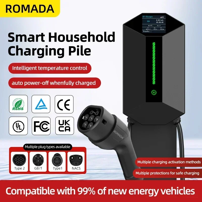 ROMADA Home Use Intelligent EV Charger Wallbox 7KW 11KW 22KW 32A 16A Type2 Bluetooth RFID Car Charging Station GBT 20234