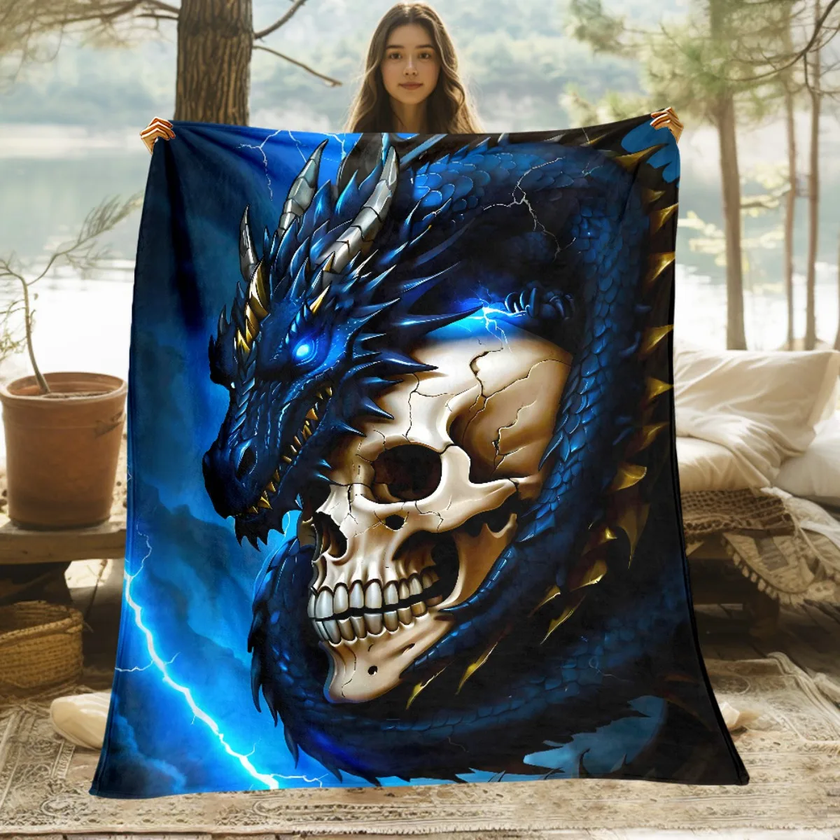 1pc Blue Dragon And Skull Printed Outdoor Blanket - Lightweight Flannel Used for Camping, Picnic, Hiking, Tourism, Airplane, Bed