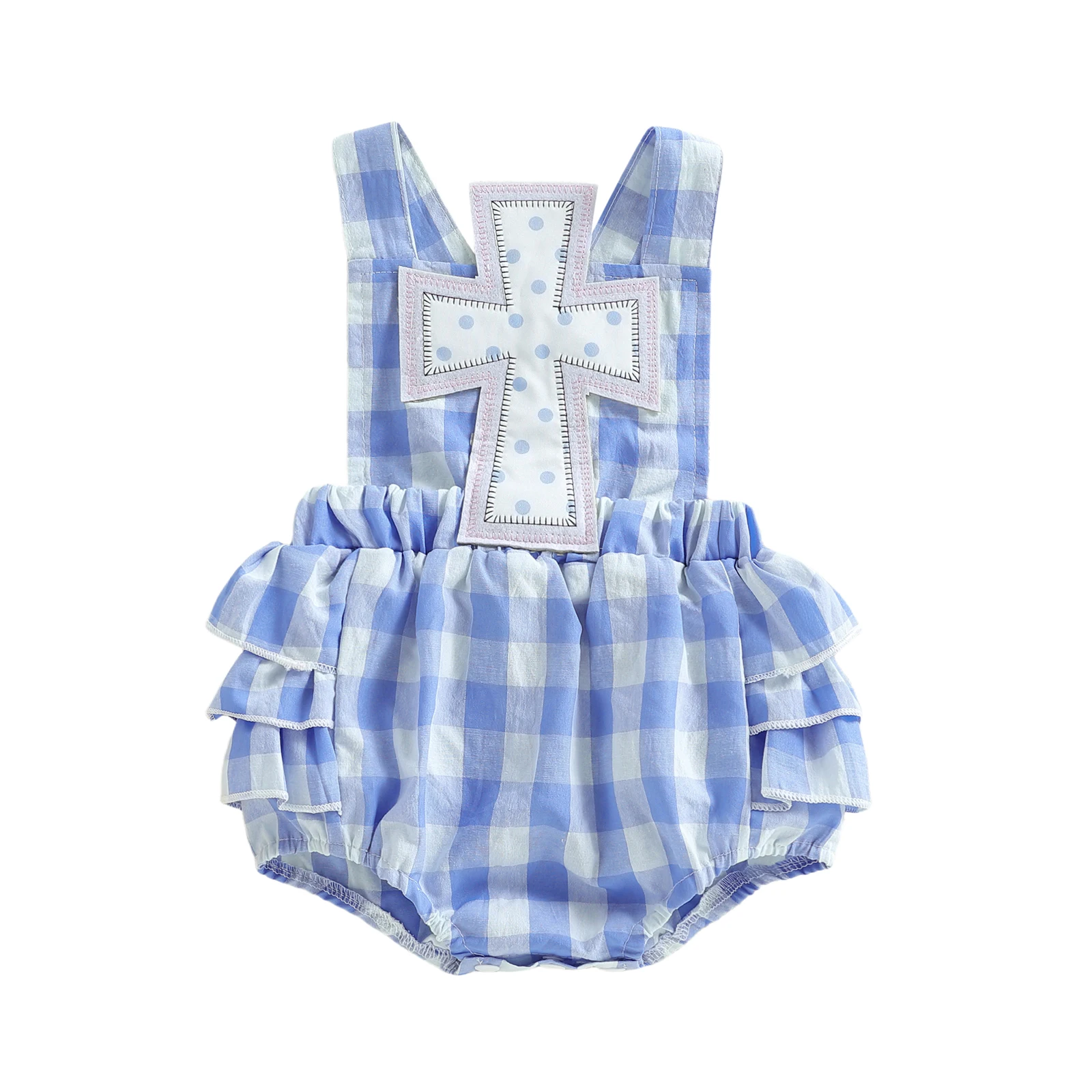 

Пасхальный клетчатый комбинезон для маленьких девочек, модный милый комбинезон без рукавов с рюшами и вышивкой крестом