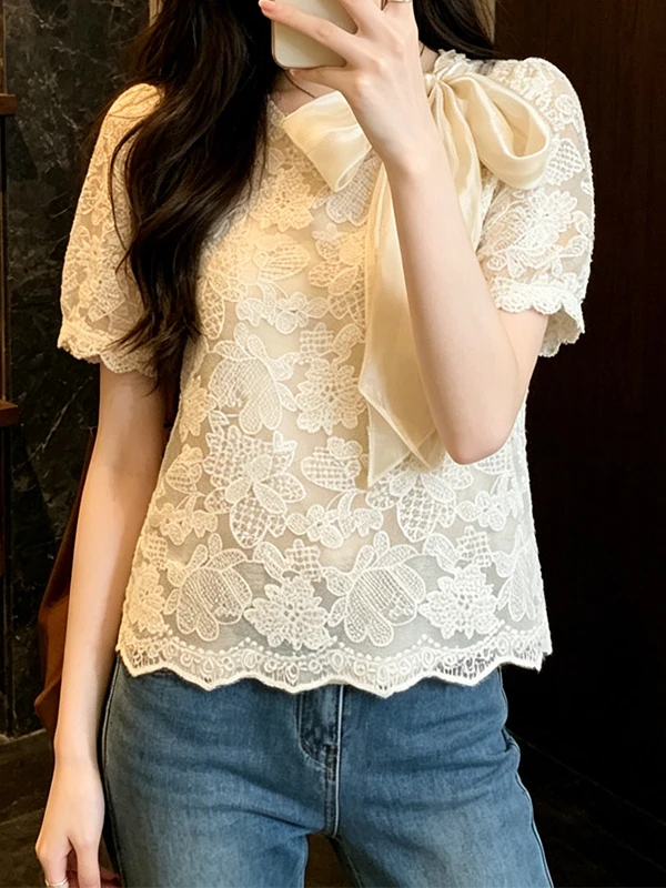 

plus Size Summer New Style Shirt with Embroidered Flowers Hollow out Neck Tie over Head Korean Style Breathable Skin-Friendly