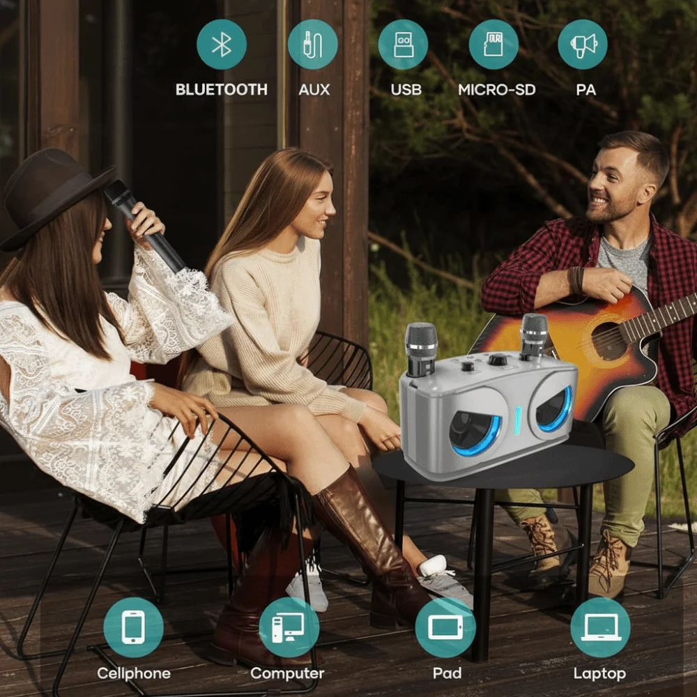 

Новая портативная караоке-система с Bluetooth, 2 беспроводными микрофонами и подсветкой, мини-караоке для кемпинга