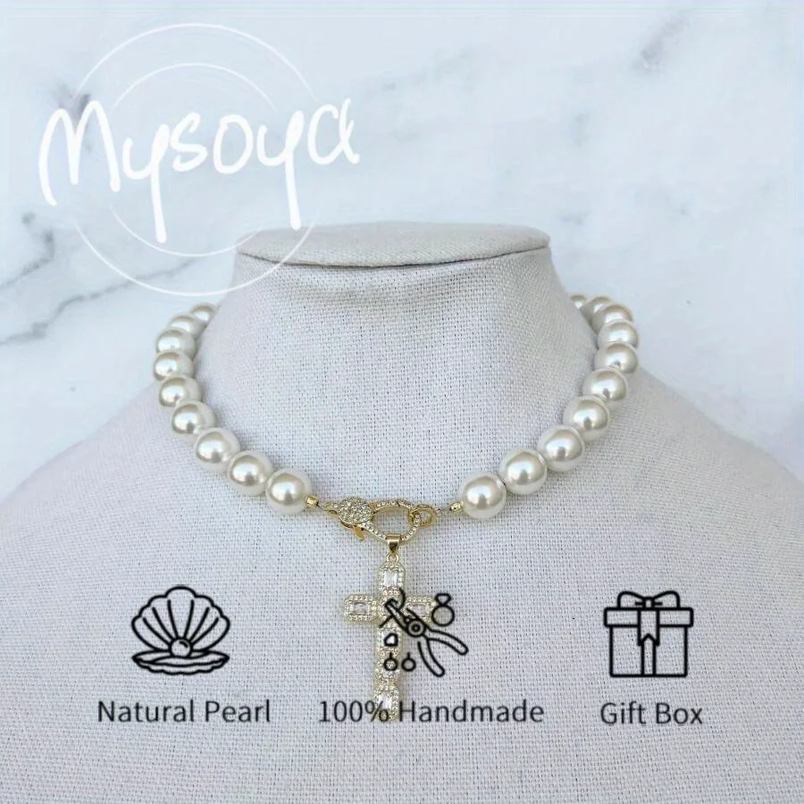 

MYSOYA 10-11 мм натуральный белый пресноводный жемчуг ожерелье с подвеской в виде креста подарочная коробка для женщин и мужчин подарок на день рождения и свадьбу