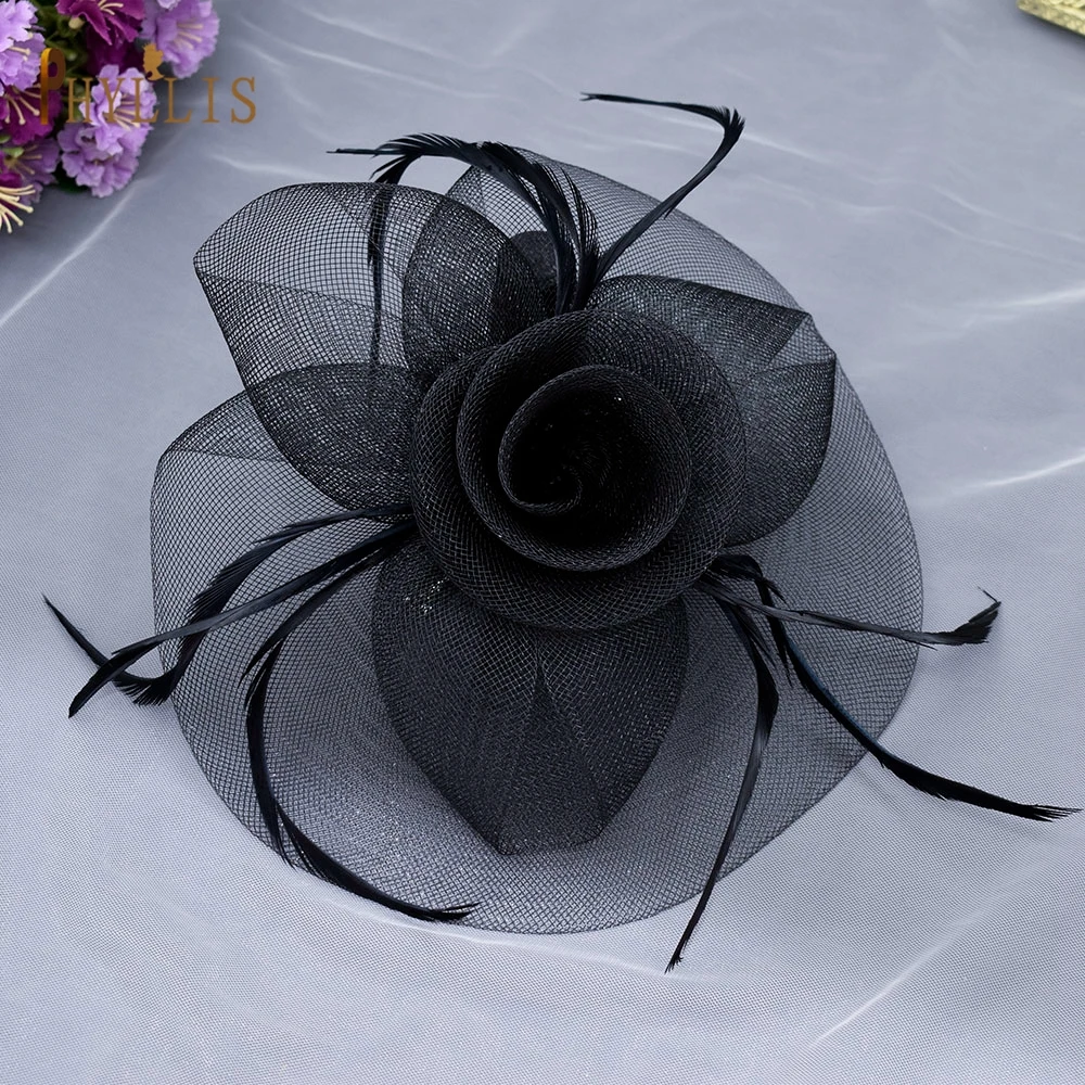 JM14 Elegant Fascinator Hats Female Church Occasion Headwear Wedding Hair Clips Bridal Hat Party Bridal Mesh Veil Hairband