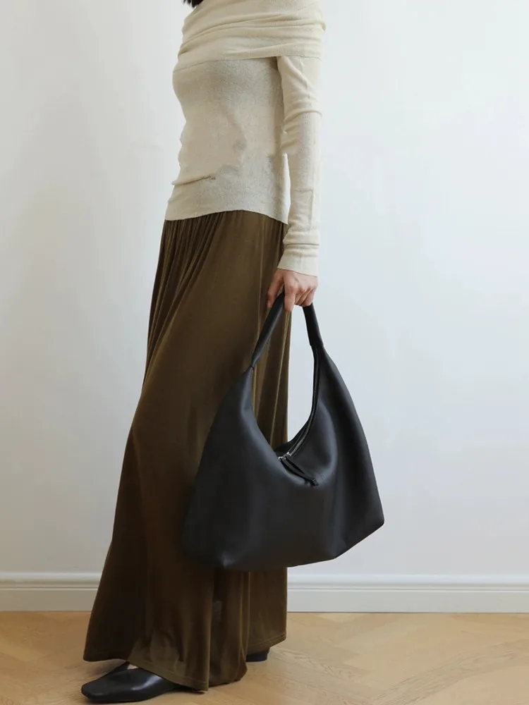 Black Fashion Simple Women Tote Bag\Handbag Big Genuine Leather All-match Real Leather Underarm Shoulder Commuter Bag Big