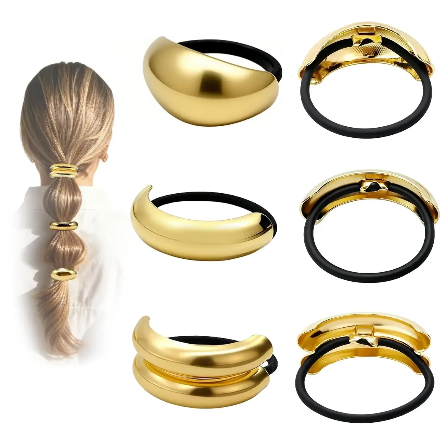 

6Pcs Gold Hair Ties - 3 Styles Gold Hair Accessories for Women & Girls, Elegant Chic Metal Hair Cuff