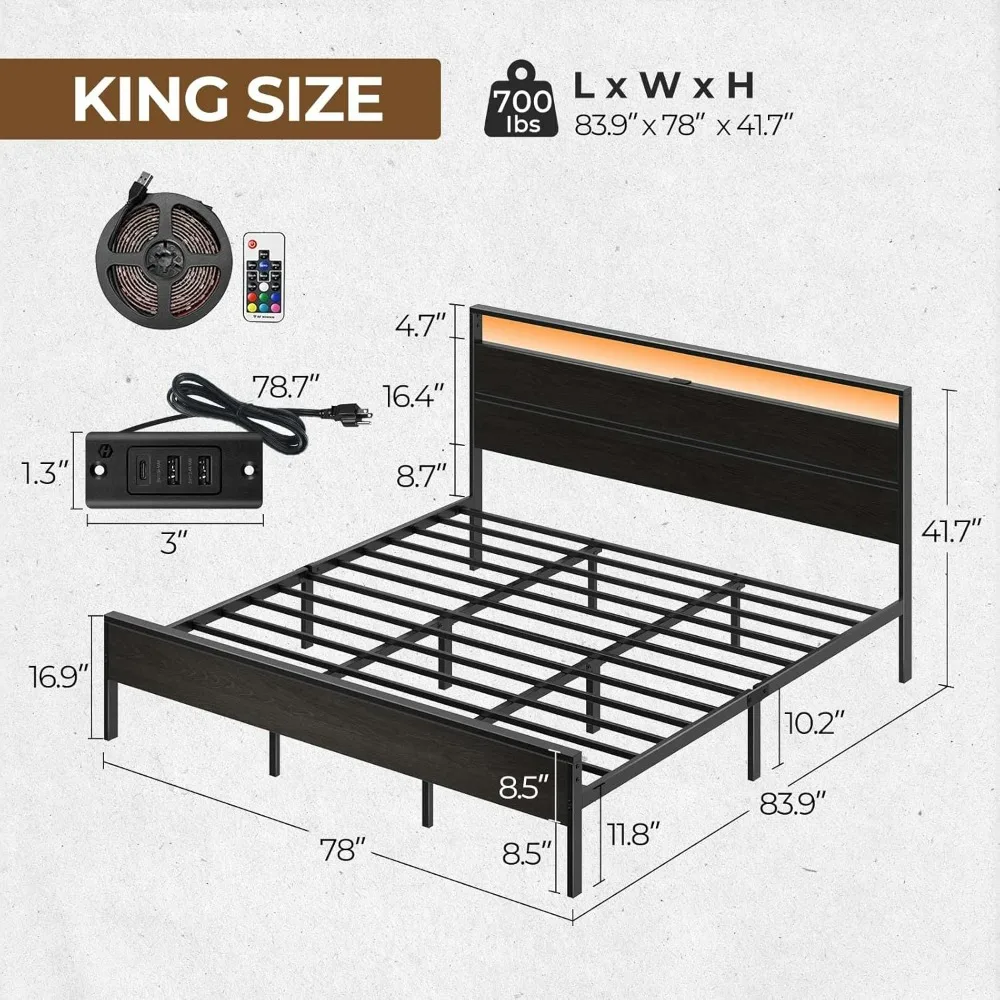 Bed frame with charging station, LED lamp headboard, solid metal Flat noodles, 10.2 inch storage space under the bed, no noise