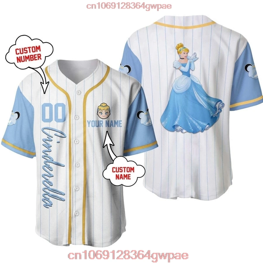 Custom Name Disney Cinderella Baseball Jersey Men Women Short Sleeve Button Down Jersey Disney Baseball Jersey Casual Sweatshirt