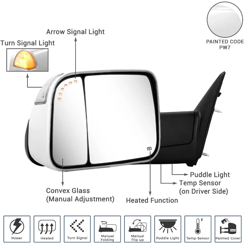 Towing Mirror for Ram - Compatible Power Adjusted Heated LED Turn Signal Light Puddle Lamp Temp Sensor (Painted White PW7)