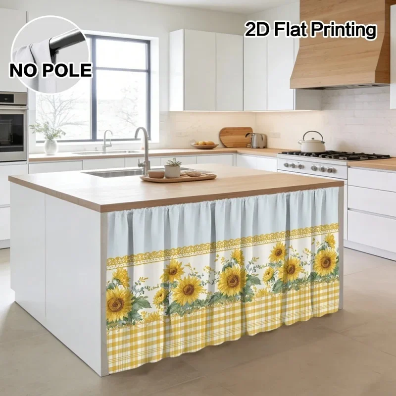 VIKAMA Rustic Home Cabinet Curtain Vintage Sunflower Checkered Lace Print Dust‑Proof Curtain for Under‑Sink Storage Ornament