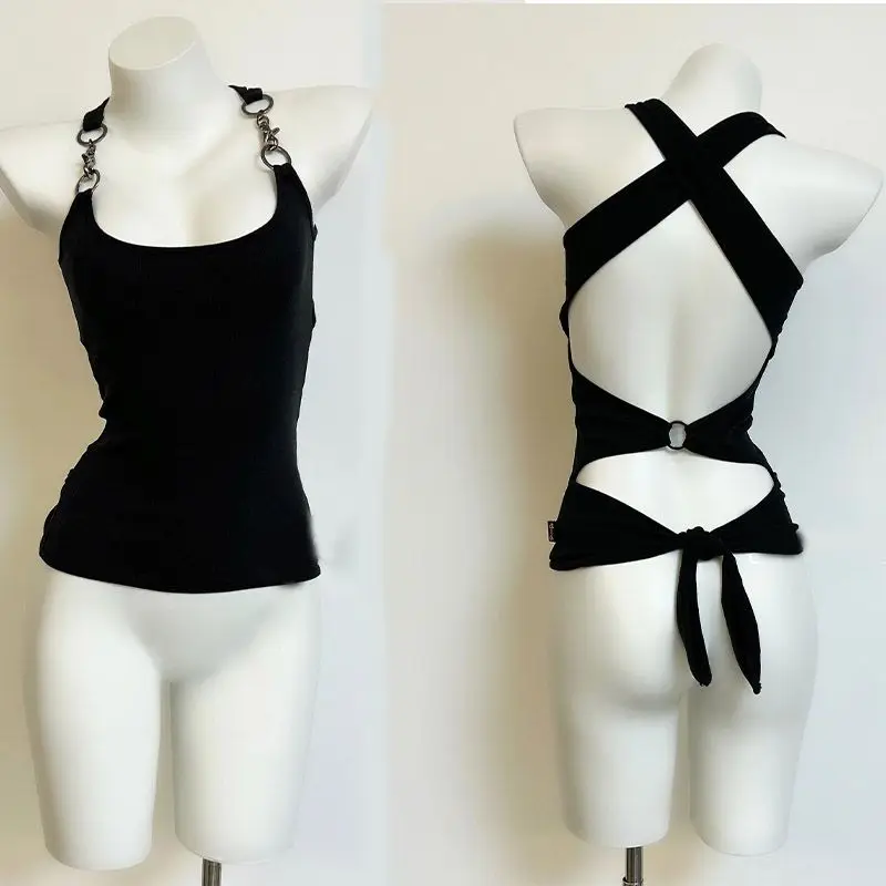 القوطي حبال بلون سليم القوطي الشرير عارية الذراعين خمر الجمالية Harajuku 90s Y2k ملابس امرأة المحاصيل الأعلى ايمو المحملة الصيف الموضة #1