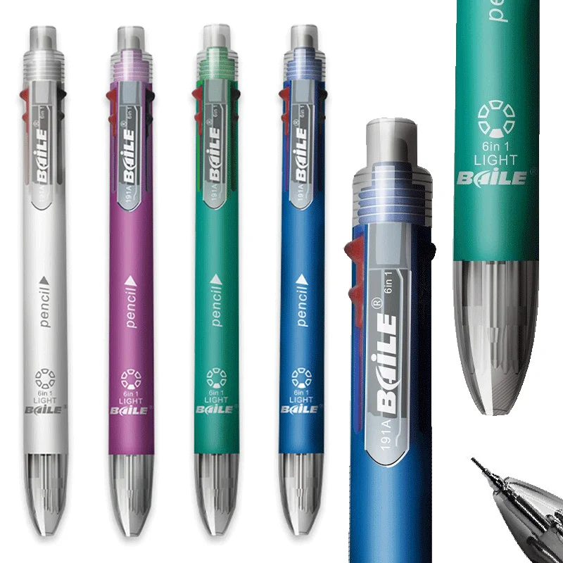 6 in 1 Multifunctional Pen 0.7 mm Ballpoint Pen 5 Colors and 0.5 mm Mechanical Pencil in One Pen for School Office Supplies