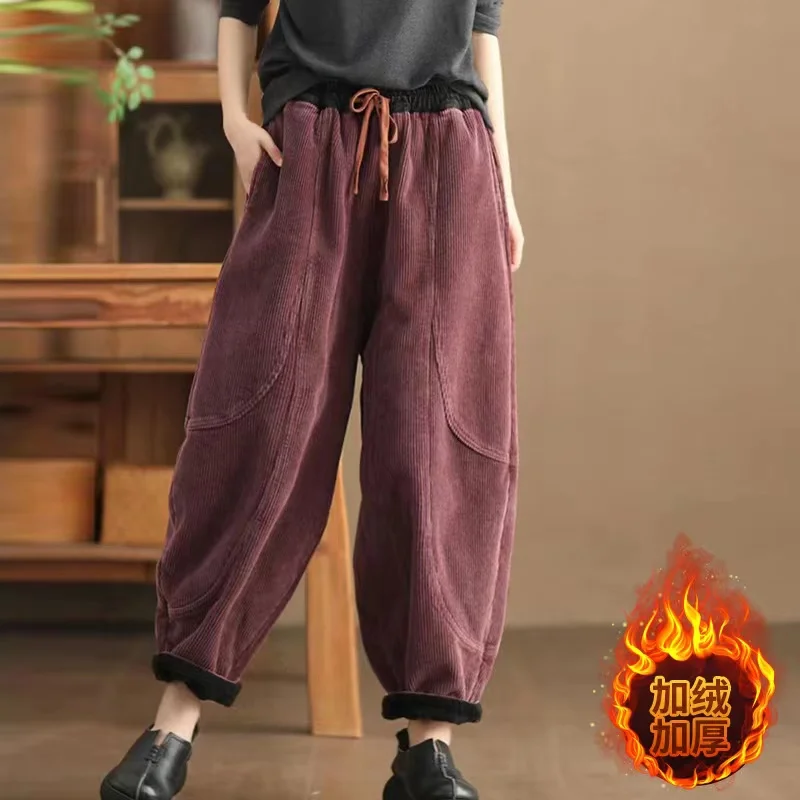 2024 Winter Fashion Corduroy Pants Women High waist Casual Loose Vintage Warm lint Lantern Harem Trousers Ladies Elegant R502