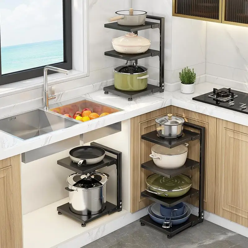 Kitchen Storage Rack Stand Floor Mounted Slot Layer Pot Holder Multi Level Organizer for Pots And Utensils Drainage System