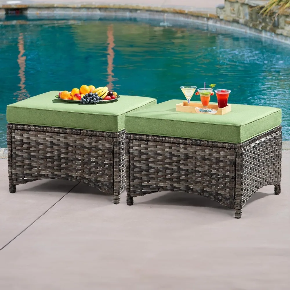 

Patio Ottomans Set of 2, 22"x 22"x 18" Outdoor Wicker Footstool with Cushion, Green, for Garden, Backyard, Deck, Porch, Balcony