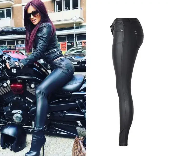 Women Autumn Sexy Low Waist PU Leather Black Skinny Motorcycle Pants