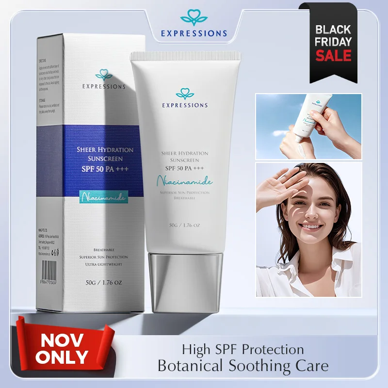 

EXPRESSIONS SHEER HYDRATION SUNSCREEN SPF50 PA+++ DOUBLE SUN PROTECTION INDEX, SUPERIOR ANTI-AGING