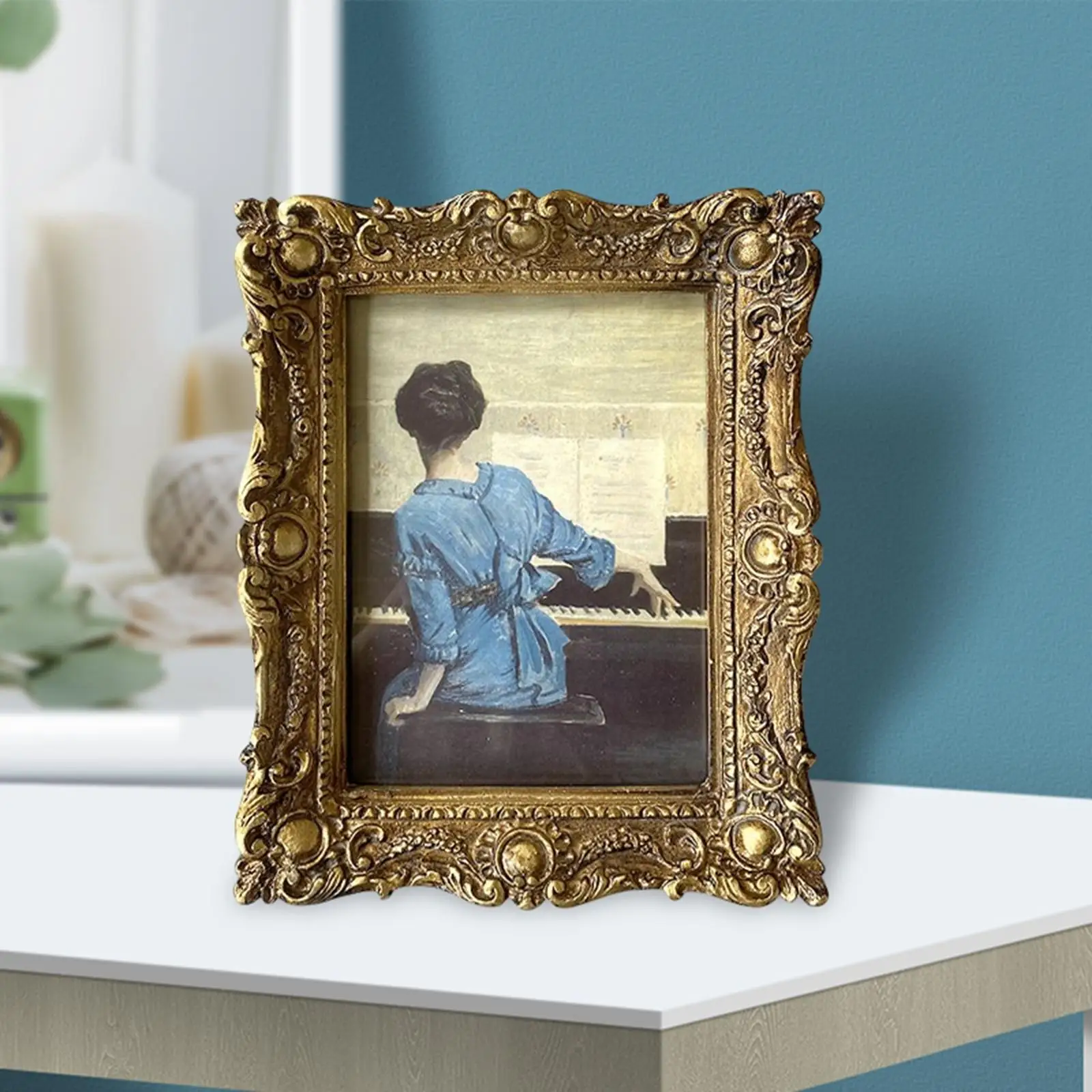 Antique Gold Photo Frame Picture Holder Wall Desktop Embossed Ornate for Wedding Office Living Room Decor Table Ornament Gift