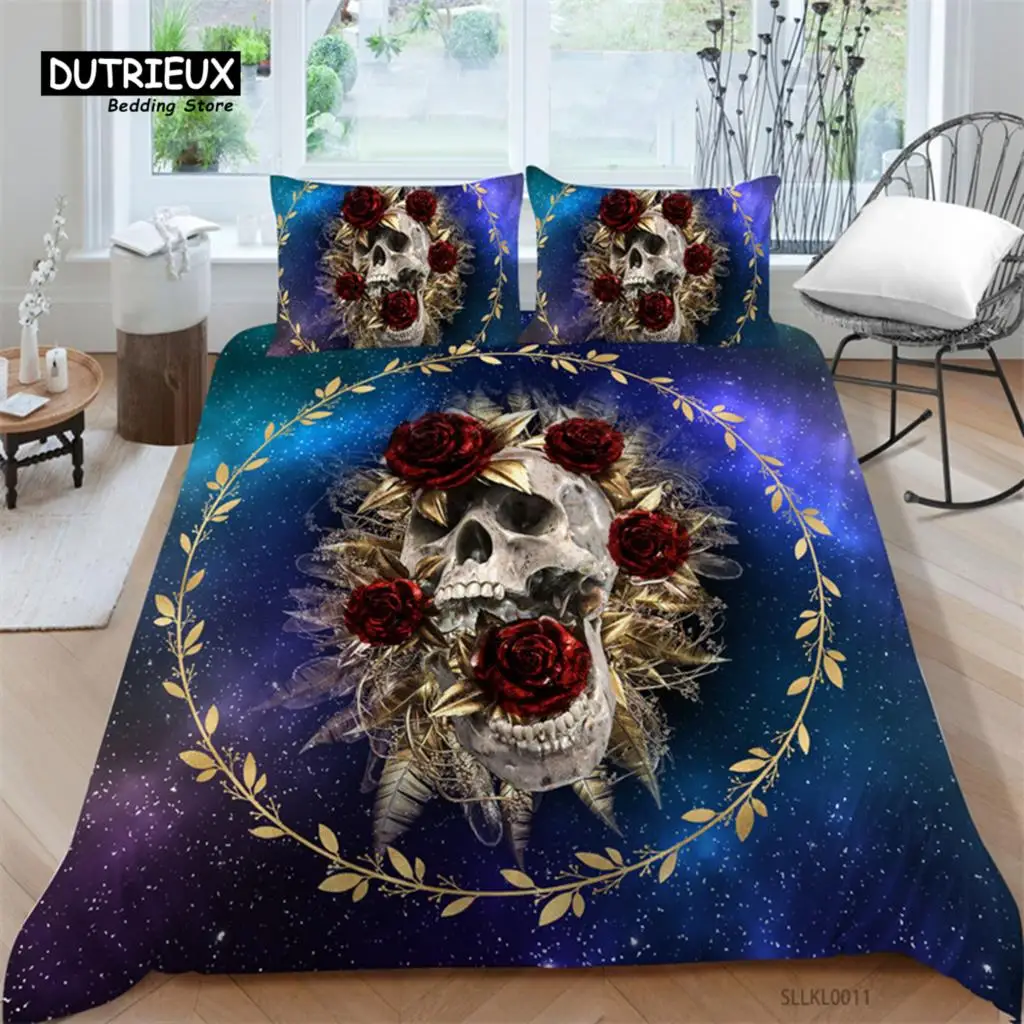 Sugar Skull Duvet Cover Gothic Skull Skeleton Bedding Set Horror Theme Comforter Cover Full King For Teens Adults Bedroom Decor