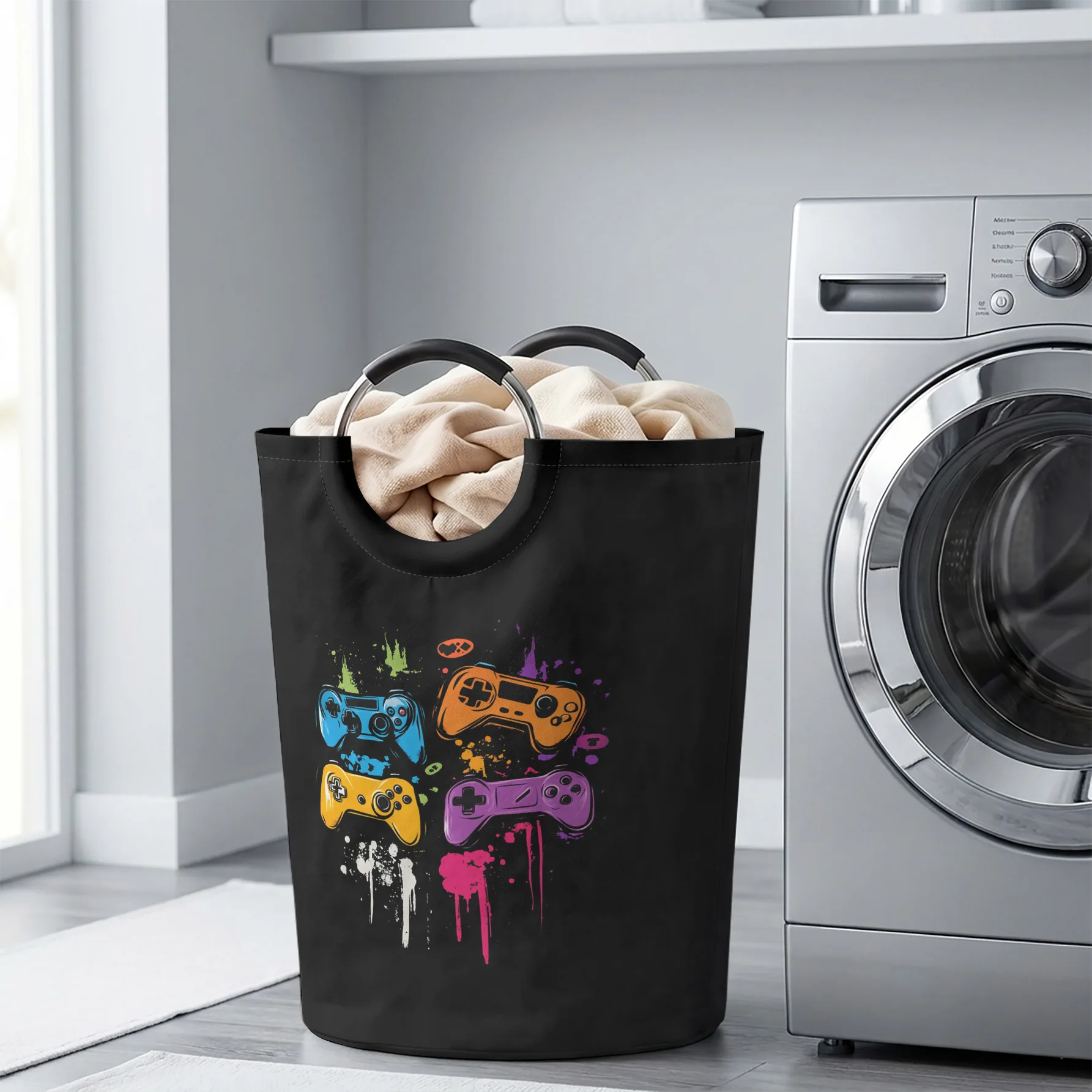 Color Game Controller Splash Print Handled Storage Basket, Large Capacity Organizer, For Laundry, Bedroom & Sundries Storage