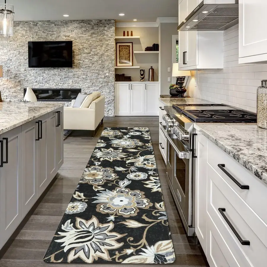 

Черный ковер-дорожка с цветочным узором 2x8 футов, нескользящий, моющийся, 8 футов, устойчивый к пятнам, длинный ковер-дорожка для прихожей, узор пейсли