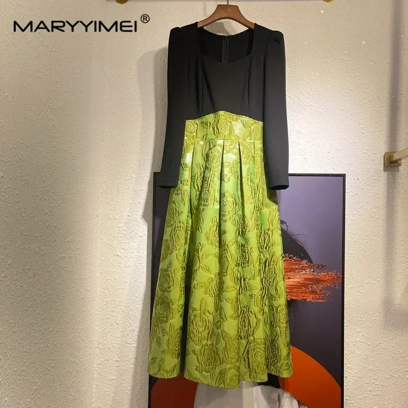 Gedivoen Otoño Invierno moda mujer vestido cuello cuadrado manga larga Patchwork Jacquard vestido de baile Vintage vestidos elegantes