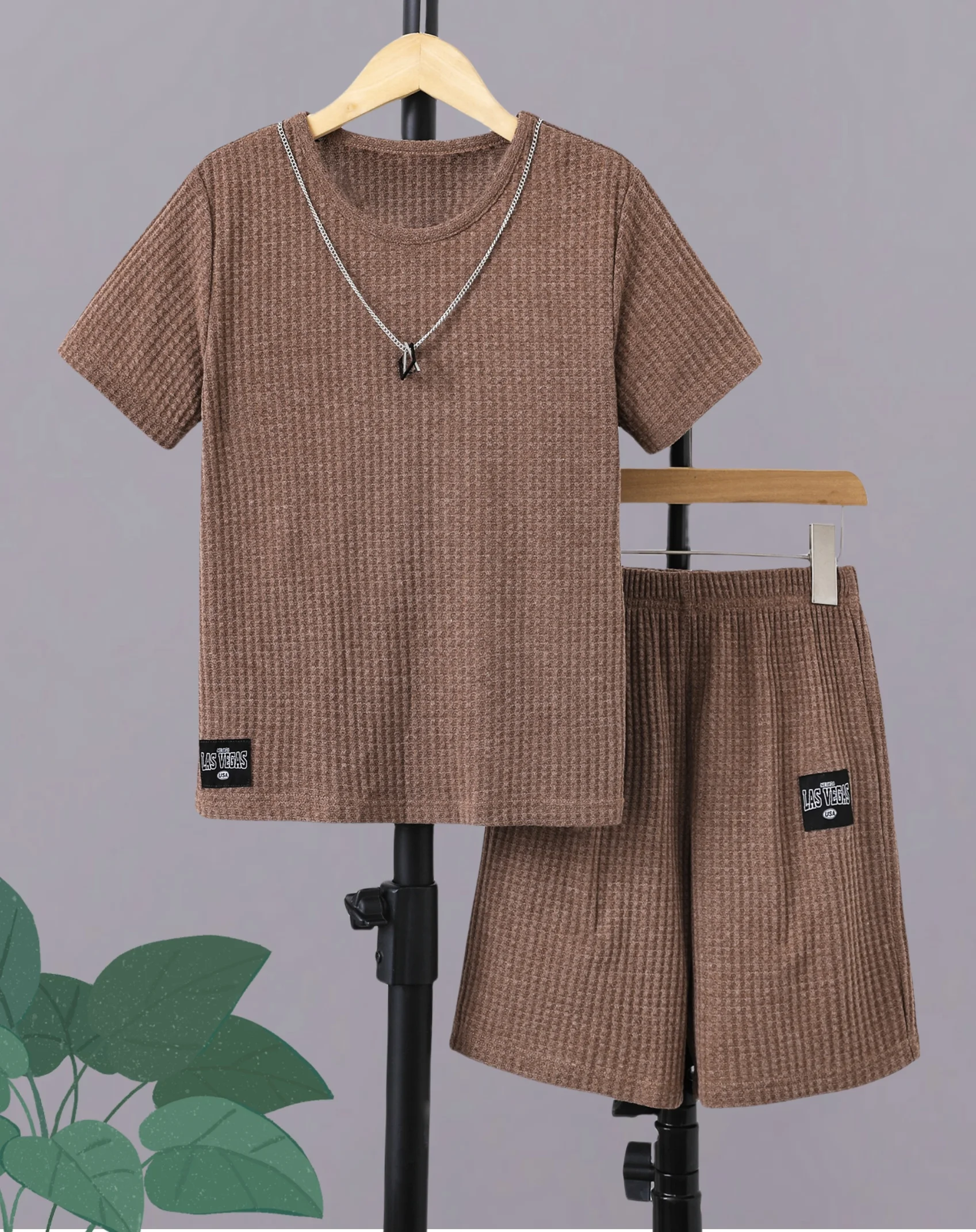 Fashion trend Summer boys short-sleeved T-shirt blazer elastic waist brown casual comfortable breathable shorts two-piece set