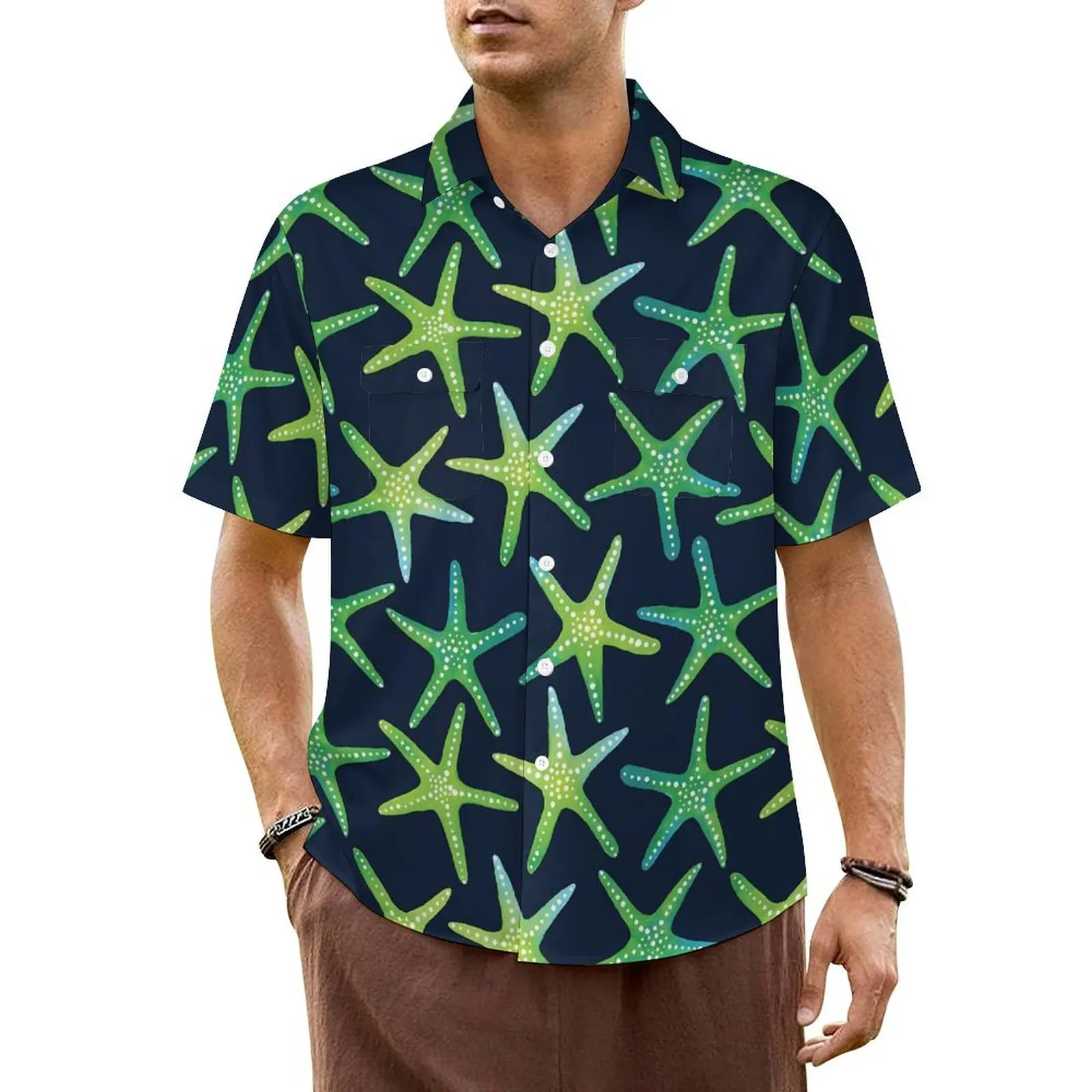 

Green Starfish Vacation Shirt Men Sea Creature Retro Casual Shirts Hawaiian Short Sleeve Breathable Graphic Oversized Blouses