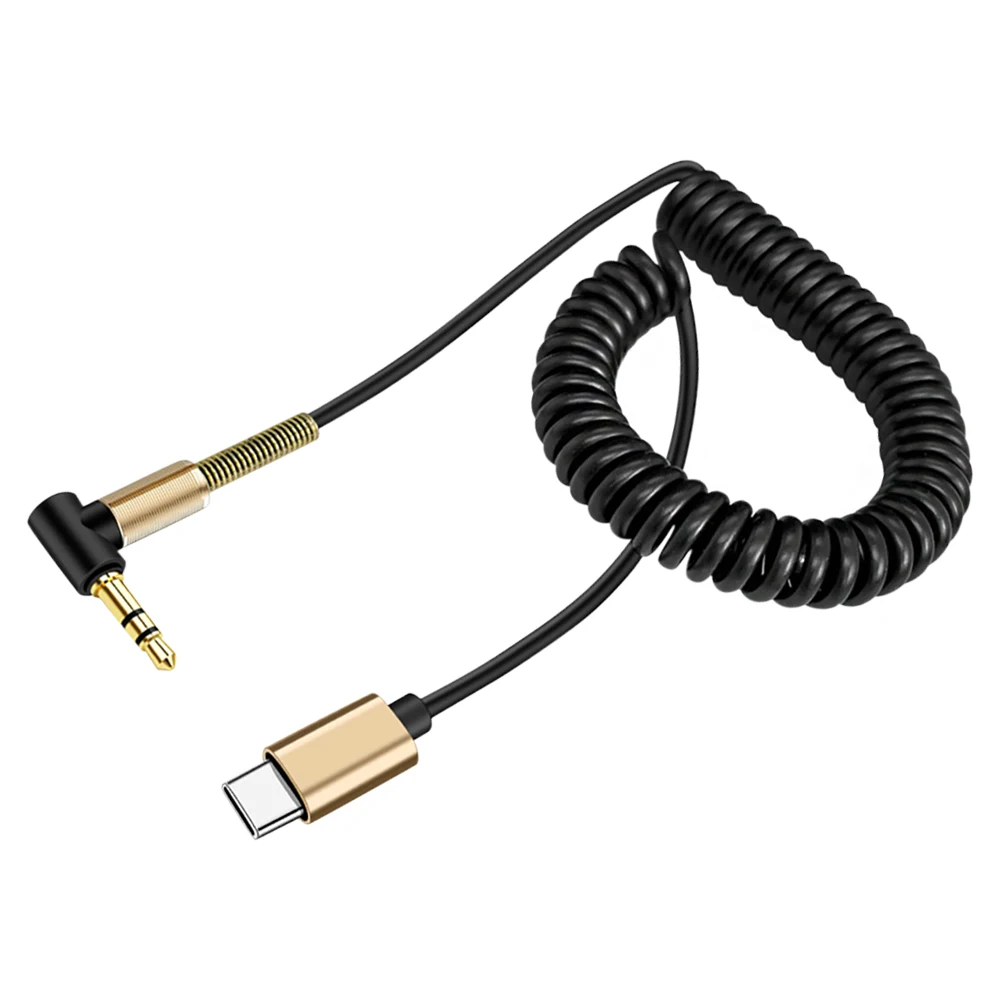USB C to 3.5mm Elbow Spring Retractable Audio Cable Male to Male Aux Speaker Cable Phone Headset Retractable Cable Car Cable
