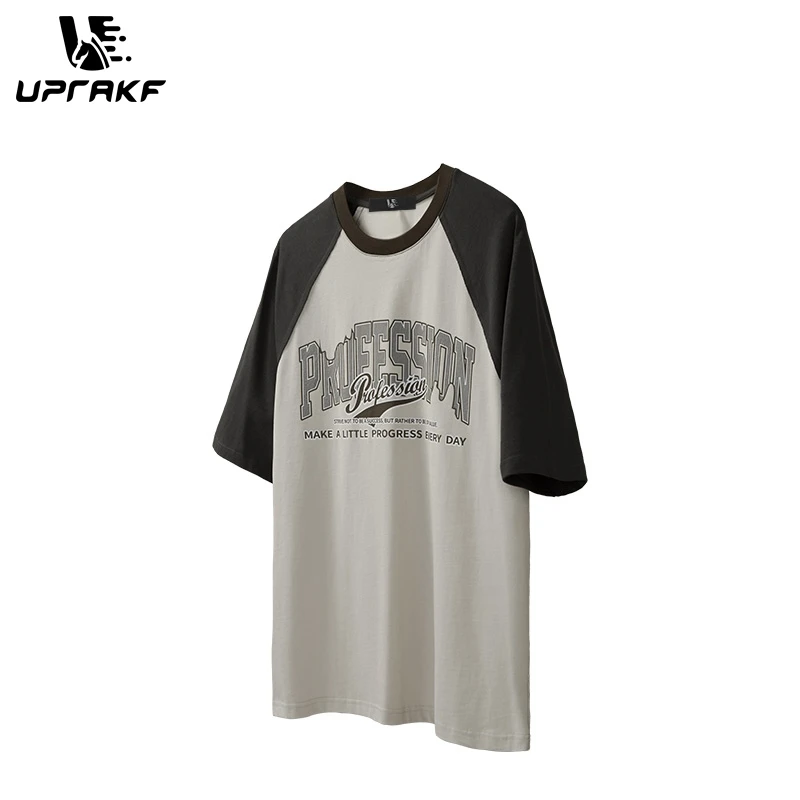 UPRAKF T Shirt Letter Textured Printed Cotton Oversize Summer Color Block O-Neck Hip Hop Unisex Short Sleeve Raglan High Street