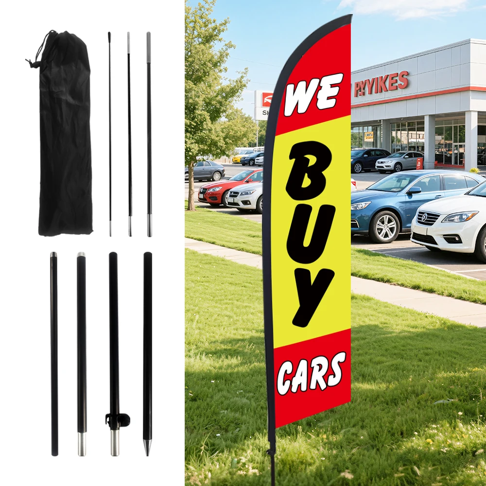 

WE BUY CARS Feather Flag Outdoor Advertising Sign with Flagpole Shop Studio Decorations Banner with Words Poster