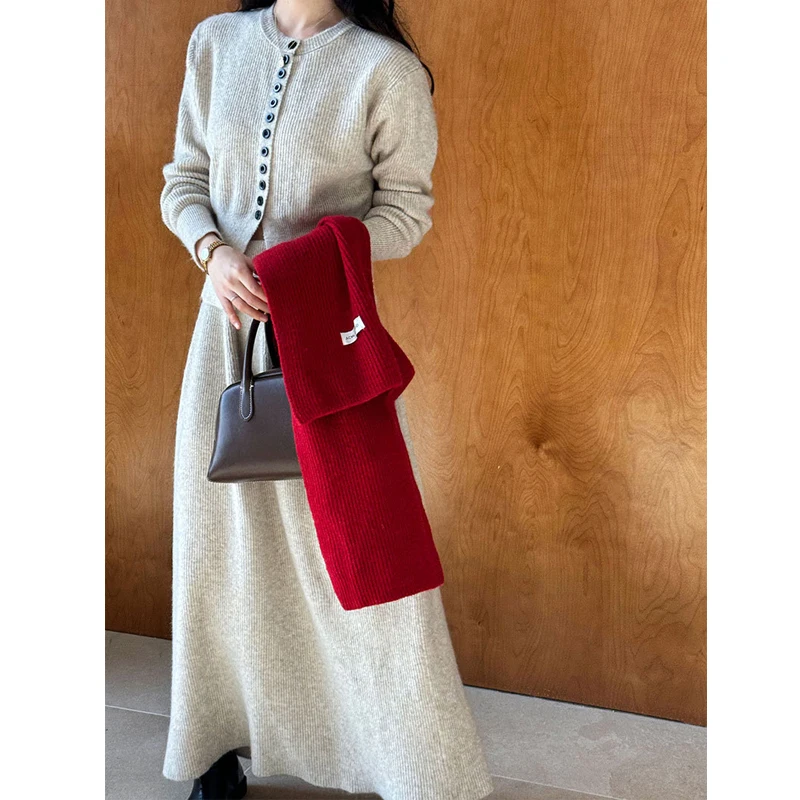 Women Two Pieces Suits O-Neck Knitted Cardigans With A-Line Long Skirt Winter Clothes Tops  Tracksuits Ladies Outfits