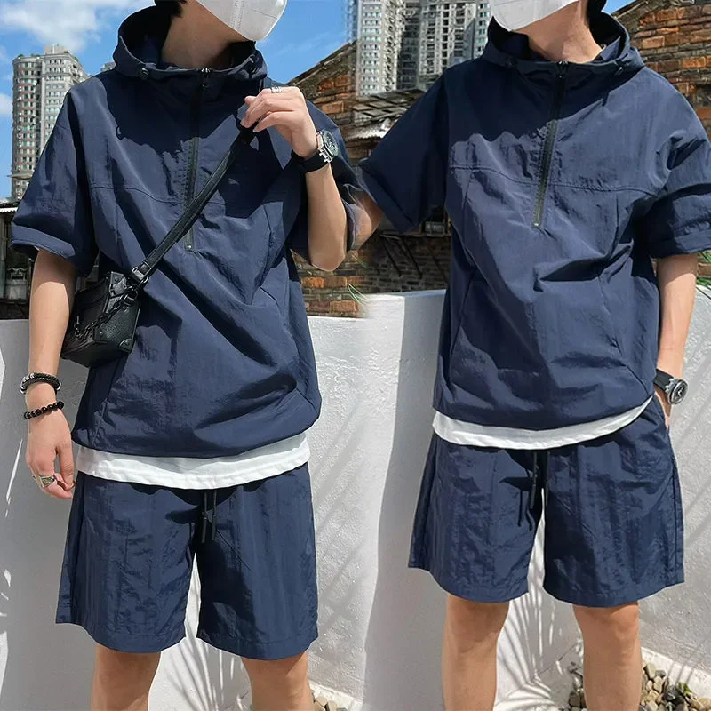 

Men Solid Half Zip Hooded Workwear Short Sleeve Shorts Set Summer Loose Fashion Two Piece Outfit