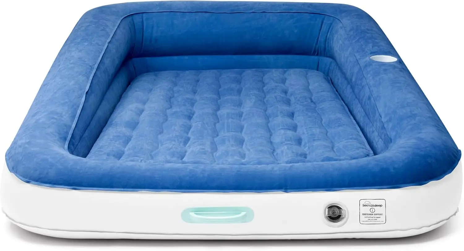 Kids Air Mattress Blue External Pump ComfortCoil Technology Tall Safety Bumpers Cup Holder Crib Sheets Sleepovers Inflates Under