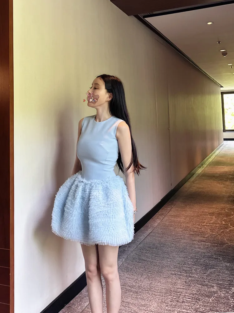 

MadmanM Ice Blue Puffy Svel Dr High Waist Layered Tulle Skirt Women's Sweet Sle Summer Ci Commute Dr