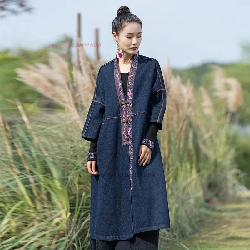 

2025 chinese vintage trench coat national flower embroidery folk jacket vintage v-neck loose coat women traditional denim jacket