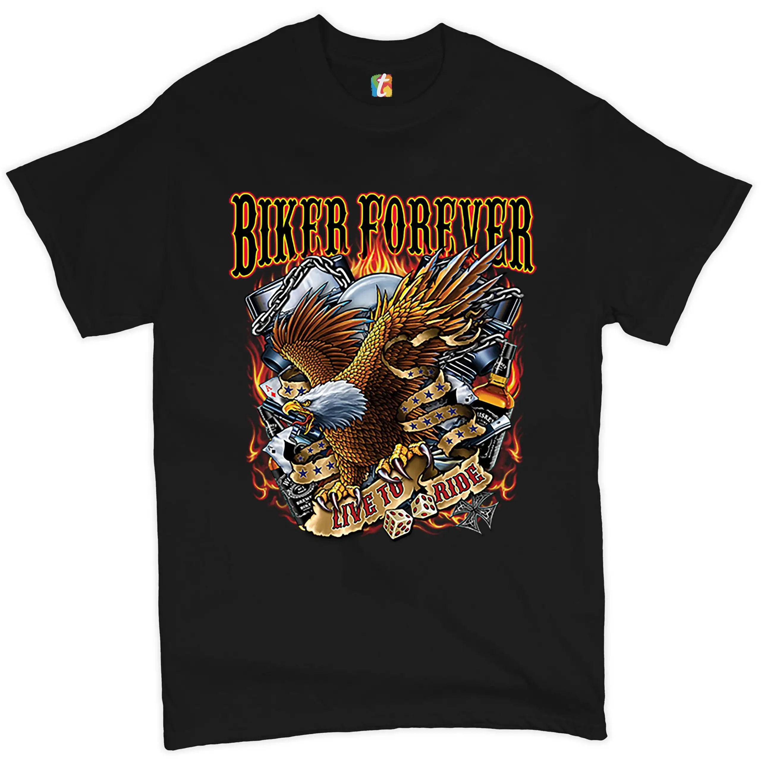 Biker Forever Live to Ride T shirt American Bald Eagle Motorcycle Enthusiast Born Be Wild for Route 66 Men's