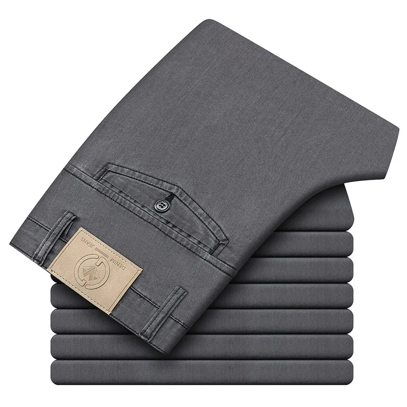 

Summer Men's Thin Straight-Leg Jeans Business Fashion Stretch Soft Cotton Loose Denim Pants Male Brand Light Gray Dark Blue