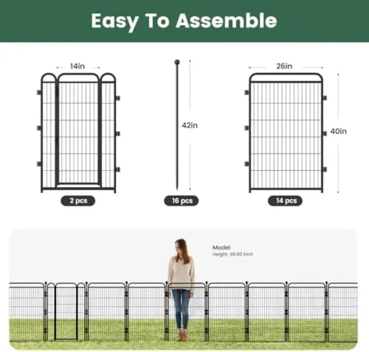 40 in(H) Garden Fence Outdoor for Yard with 2 Gravity Automatic Lock Gates,Heavy Duty Iron 16 Panels Total 34.7ft(L)