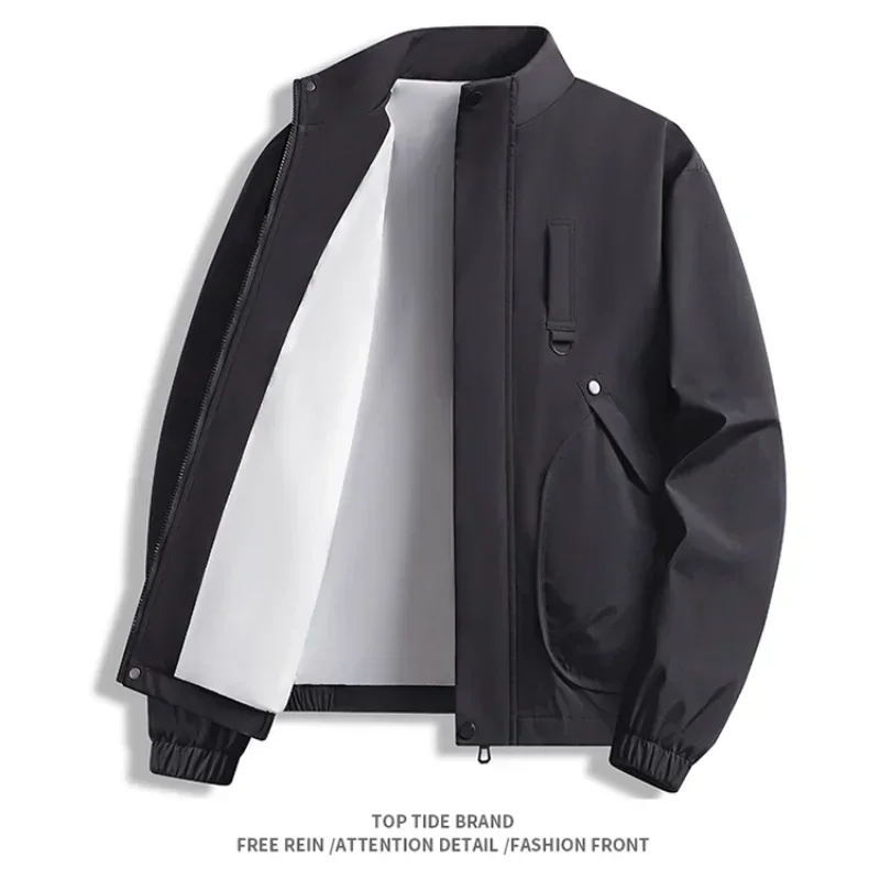 Men's Jacket Spring and Autumn Solid Color  Large  Pocket 3D Cut Stand Up Collar Outdoor Travel and Hiking Coat Men's Clothing