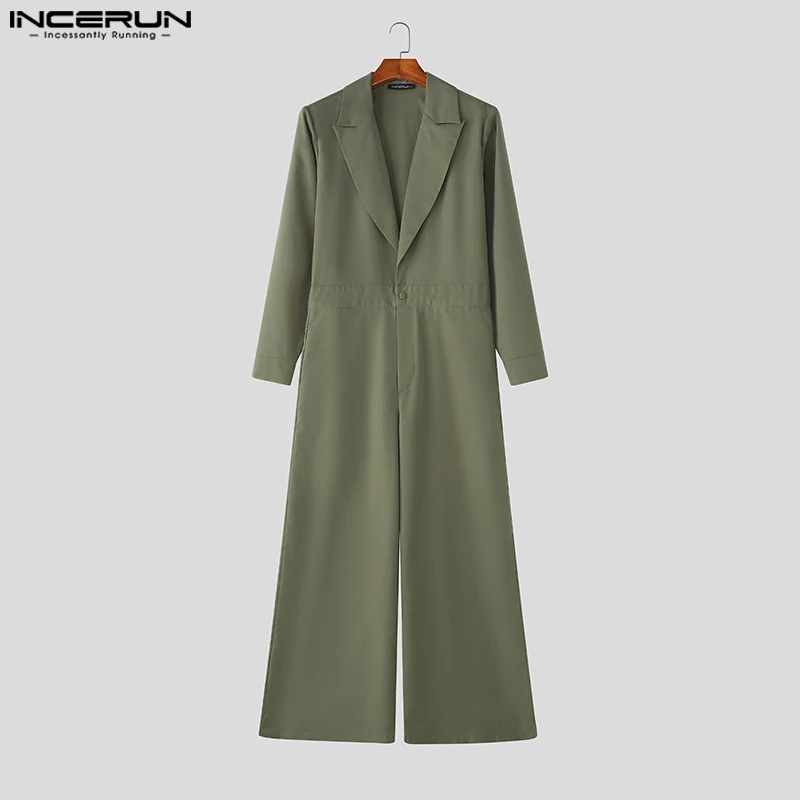 INCERUN Tute da uomo Tinta unita Risvolto Manica lunga Un bottone Pagliaccetti maschili Streetwear Moda allentata Casual Tute eleganti da uomo