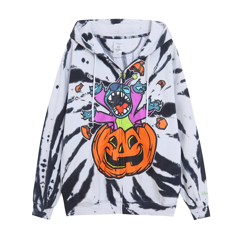

Loose Fit Tie Dye Cartoon Anime Hoodie Cardigan Fleece Lined 80% Cotton Utility Pocket Design Casual Outerwear