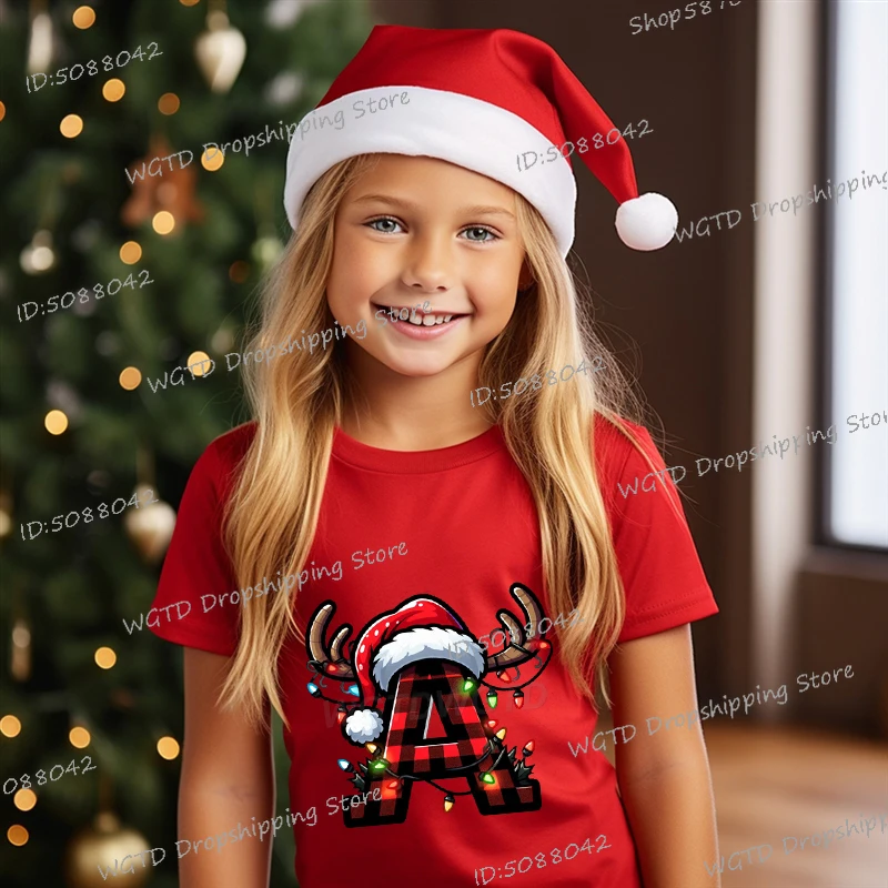 

Christmas Boys Girls Grid Letters T Shirt Vintage Alphabet Design Print Short Sleeve Cotton Tshirt Merry Christmas Children Tees