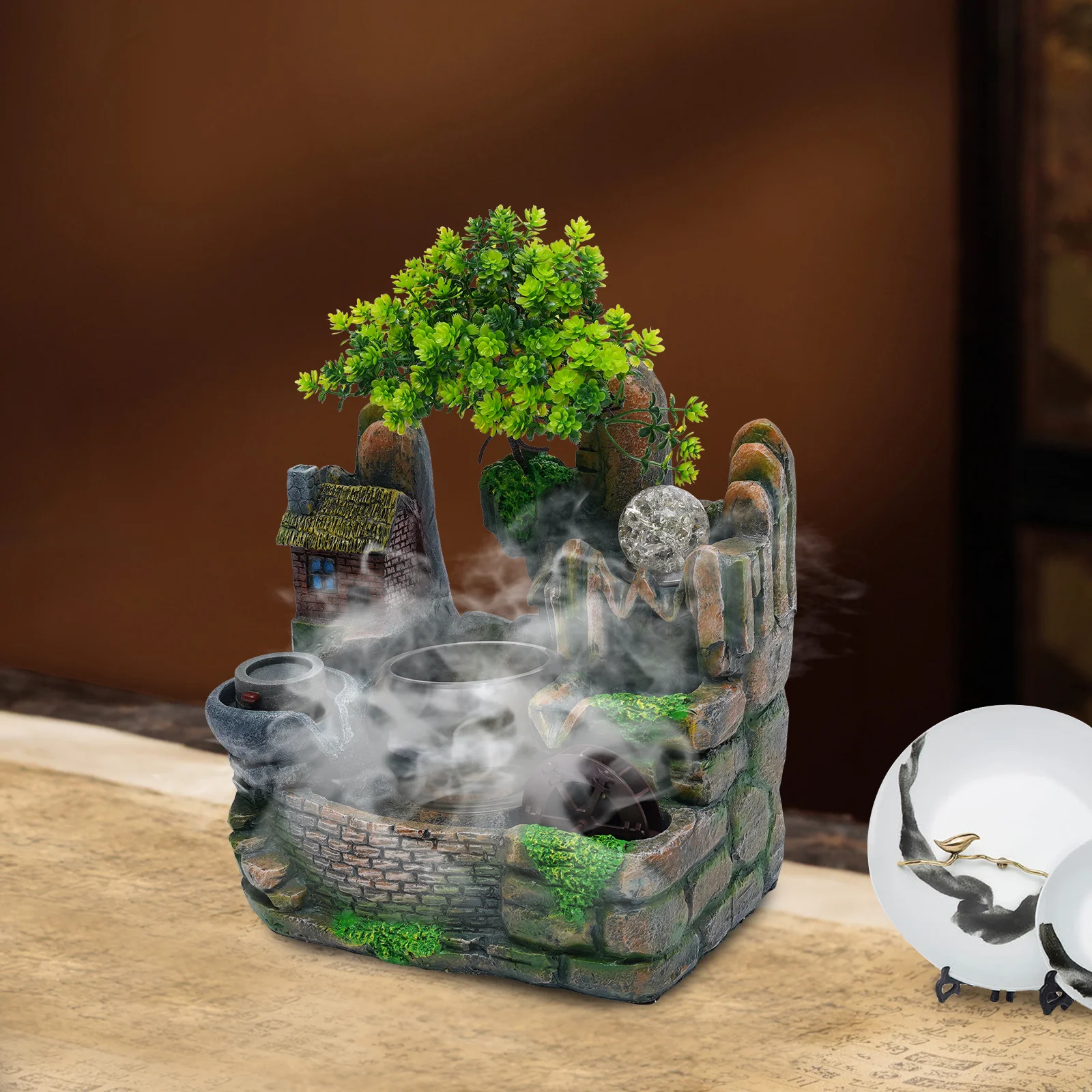 Water Fountain Indoor Fengshui Resin Ornaments Rockery Bonsai Waterwheel Fishbowl LED Ball Crafts Office Home Table Decor Gifts