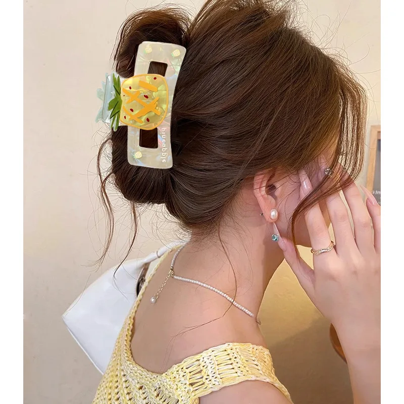 1pc Summer fresh sweet square acrylic fruit hair claw, apple strawberry cherry pineapple avocado peach print shark clip