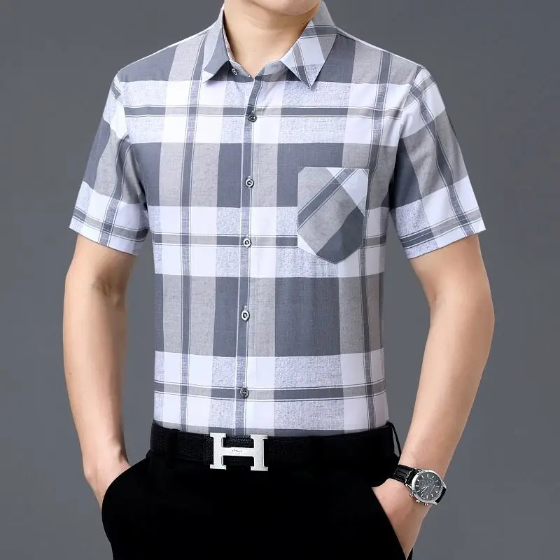 Summer Men Fashion Business Plaid Shirt Korean Streetwear New Casual Loose Anti-Wrinkle Button Pocket Thin Short Sleeve Tops