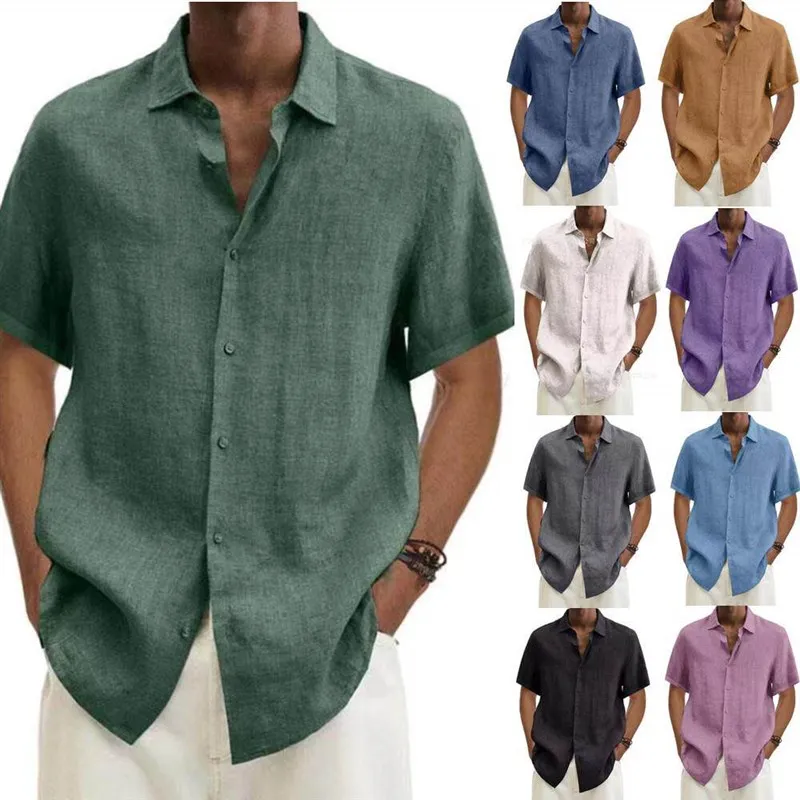 Trendy Cotton Linen Men's Shirt Short Sleeve Casual Comfortable Breathable Fashionable Inner Wear Pure Color Versatile