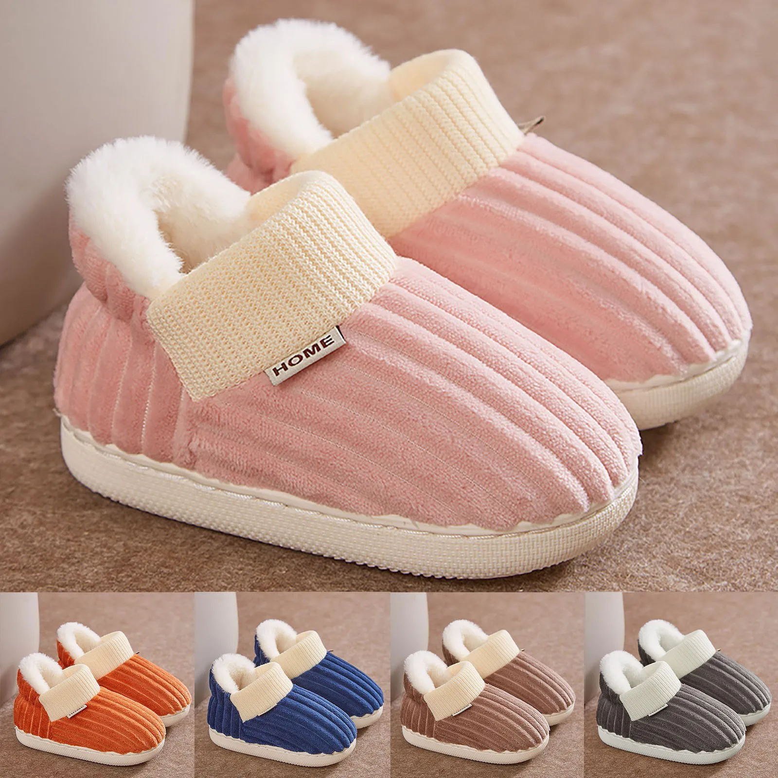 Children's Winter Shoes Concise Stripe Fluffy Slippers for Kids Boys Girls Heel Wrap Warm High Non-slip Home Cotton Shoes