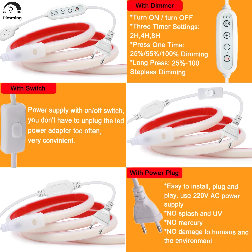 220V Dimmable COB Led Strip Light Dimmer Switch Power Plug Kit 288 LED Adhesive Tape Flexible Silicone Tube Lamp Linear Lighting